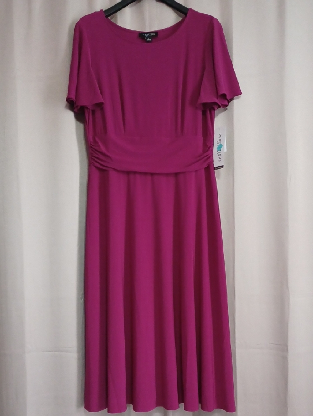 Perceptions Magenta Flutter-Sleeve Midi Dress Faux Belted Waist Stretch New Sz L